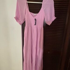 Abercrombie & Fitch Pink Puff Sleeve Midi Dress
